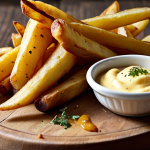 **Prompt:** A close-up shot of *pastinaakfrietjes* (parsnip fries) arranged artfully on a rustic wooden board, served with a small bowl of mayonnaise and curry dipping sauce. The fries should be golden brown and slightly crispy, with visible herbs sprinkled on top. The lighting should be warm and inviting. Focus on the textures and the appetizing appearance of the healthy snack.