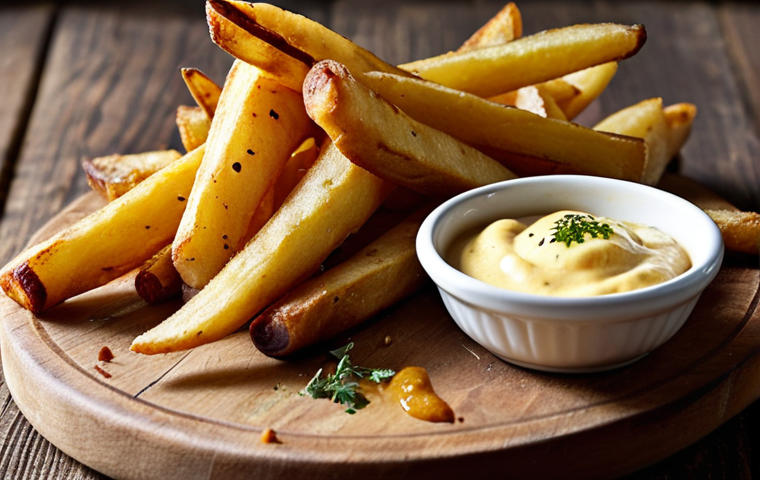 **Prompt:** A close-up shot of *pastinaakfrietjes* (parsnip fries) arranged artfully on a rustic wooden board, served with a small bowl of mayonnaise and curry dipping sauce. The fries should be golden brown and slightly crispy, with visible herbs sprinkled on top. The lighting should be warm and inviting. Focus on the textures and the appetizing appearance of the healthy snack.