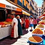 **Prompt:** A bustling local market scene in Valencia, Spain. Vibrant colors of fresh produce, spices, and local delicacies. Focus on a vendor selling horchata, with people enjoying the refreshing almond drink. Capture the lively atmosphere and cultural richness of the market.
