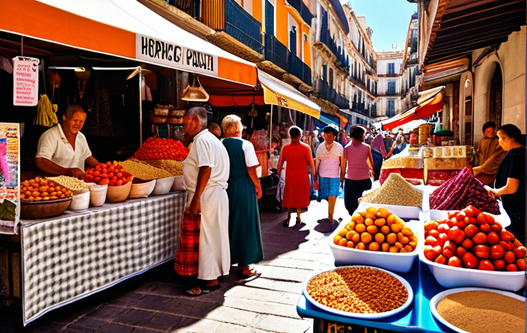 **Prompt:** A bustling local market scene in Valencia, Spain. Vibrant colors of fresh produce, spices, and local delicacies. Focus on a vendor selling horchata, with people enjoying the refreshing almond drink. Capture the lively atmosphere and cultural richness of the market.